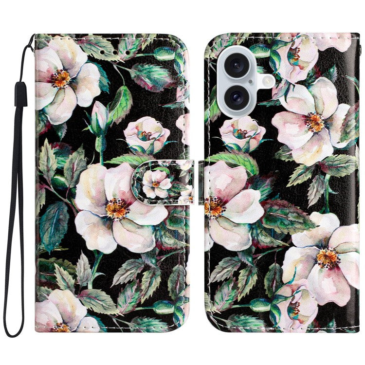 For iPhone 16 Plus Leather Case Pattern Printed Wallet Flip Phone Cover - Magnolia
