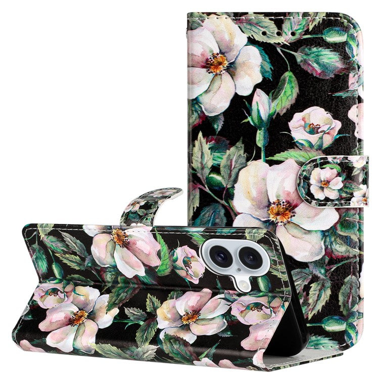 For iPhone 16 Plus Leather Case Pattern Printed Wallet Flip Phone Cover - Magnolia