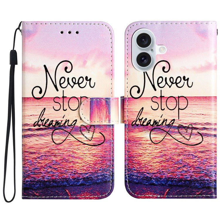 For iPhone 16 Plus Leather Case Pattern Printed Wallet Flip Phone Cover - Never Stop Dreaming