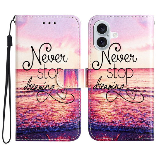 For iPhone 16 Plus Leather Case Pattern Printed Wallet Flip Phone Cover - Never Stop Dreaming