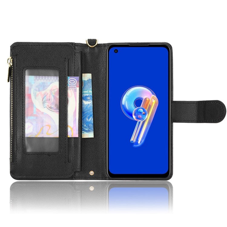 PU Leather Wallet Case for Asus Zenfone 10 5G / 9 5G Anti-scratch Zipper Design Stand Cell Phone Cover with Hand Strap and Shoulder Strap - Black