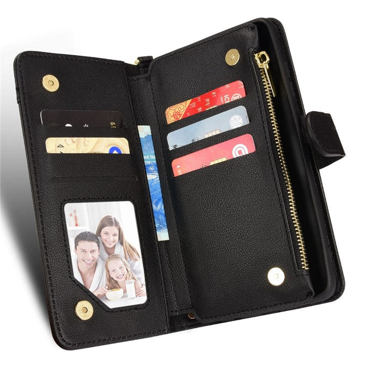 PU Leather Wallet Case for Asus Zenfone 10 5G / 9 5G Anti-scratch Zipper Design Stand Cell Phone Cover with Hand Strap and Shoulder Strap - Black