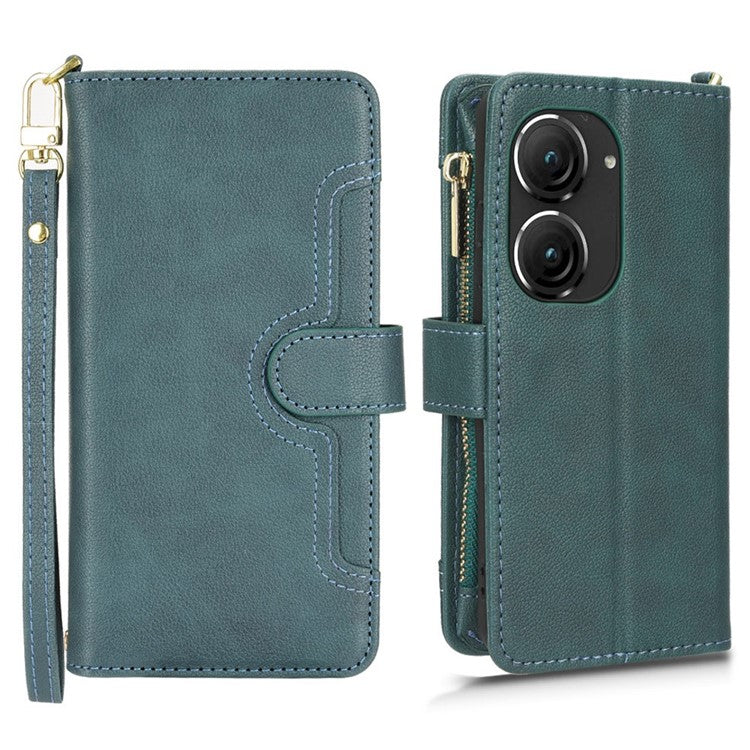 PU Leather Wallet Case for Asus Zenfone 10 5G / 9 5G Anti-scratch Zipper Design Stand Cell Phone Cover with Hand Strap and Shoulder Strap - Green