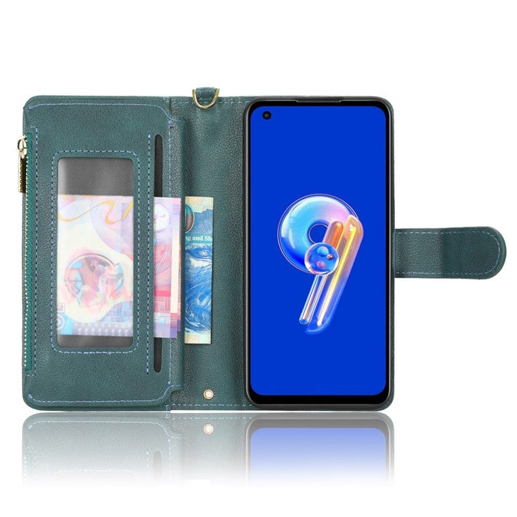 PU Leather Wallet Case for Asus Zenfone 10 5G / 9 5G Anti-scratch Zipper Design Stand Cell Phone Cover with Hand Strap and Shoulder Strap - Green