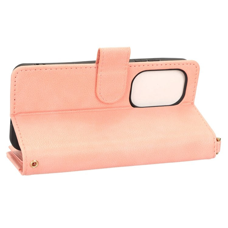 PU Leather Wallet Case for Asus Zenfone 10 5G / 9 5G Anti-scratch Zipper Design Stand Cell Phone Cover with Hand Strap and Shoulder Strap - Pink