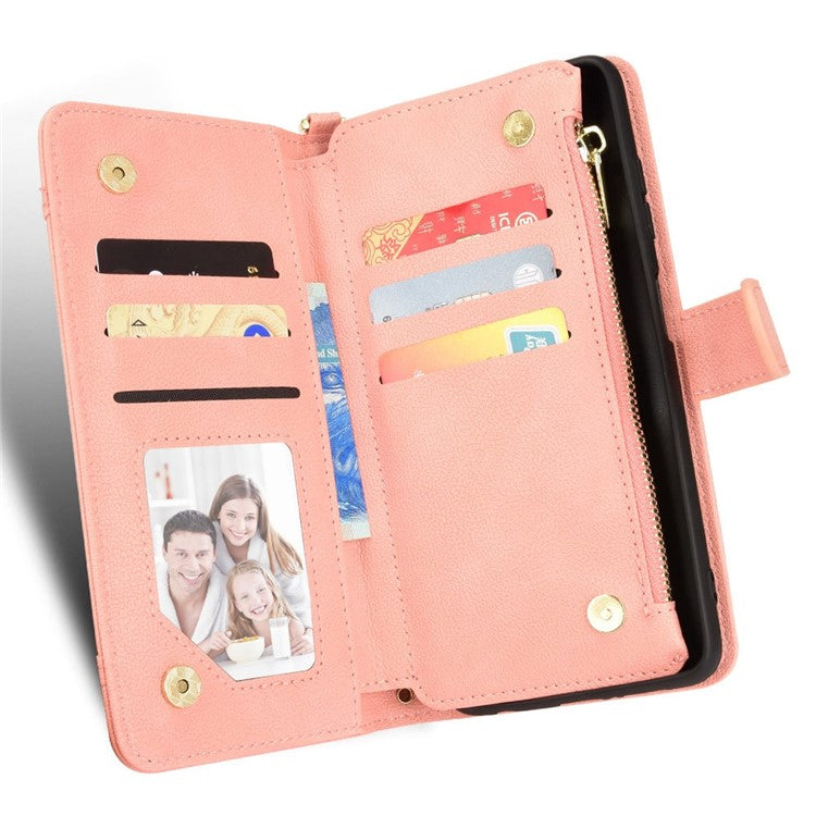 PU Leather Wallet Case for Asus Zenfone 10 5G / 9 5G Anti-scratch Zipper Design Stand Cell Phone Cover with Hand Strap and Shoulder Strap - Pink