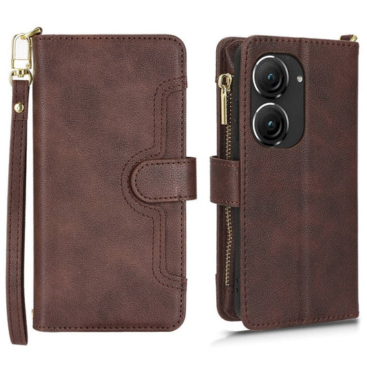 PU Leather Wallet Case for Asus Zenfone 10 5G / 9 5G Anti-scratch Zipper Design Stand Cell Phone Cover with Hand Strap and Shoulder Strap - Brown