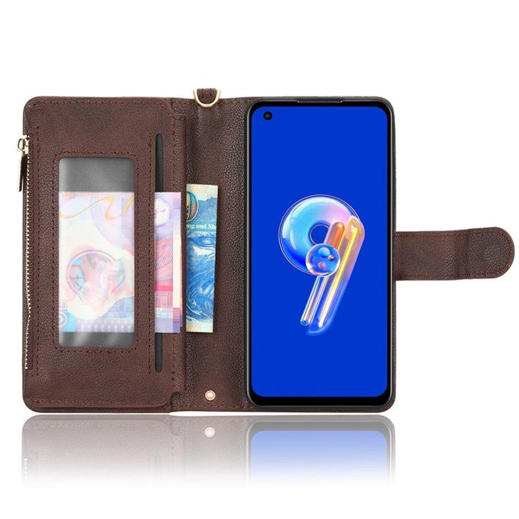 PU Leather Wallet Case for Asus Zenfone 10 5G / 9 5G Anti-scratch Zipper Design Stand Cell Phone Cover with Hand Strap and Shoulder Strap - Brown