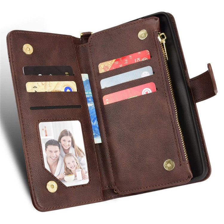 PU Leather Wallet Case for Asus Zenfone 10 5G / 9 5G Anti-scratch Zipper Design Stand Cell Phone Cover with Hand Strap and Shoulder Strap - Brown