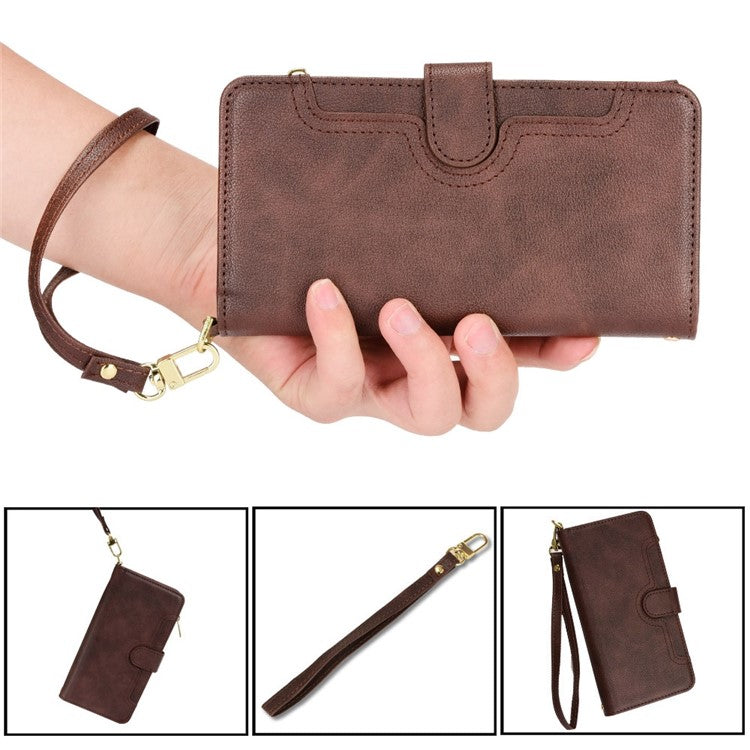 PU Leather Wallet Case for Asus Zenfone 10 5G / 9 5G Anti-scratch Zipper Design Stand Cell Phone Cover with Hand Strap and Shoulder Strap - Brown