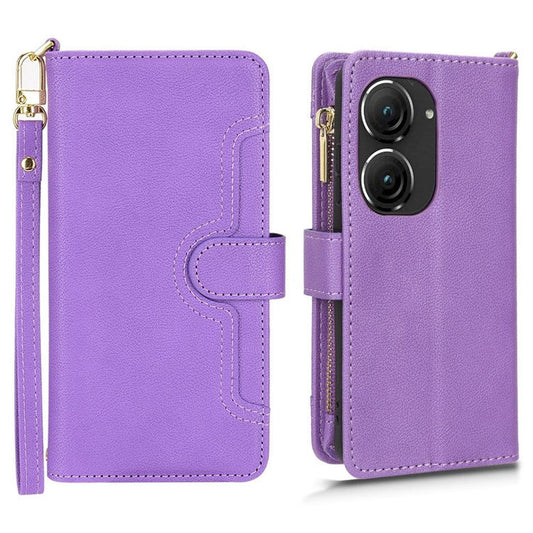 PU Leather Wallet Case for Asus Zenfone 10 5G / 9 5G Anti-scratch Zipper Design Stand Cell Phone Cover with Hand Strap and Shoulder Strap - Purple