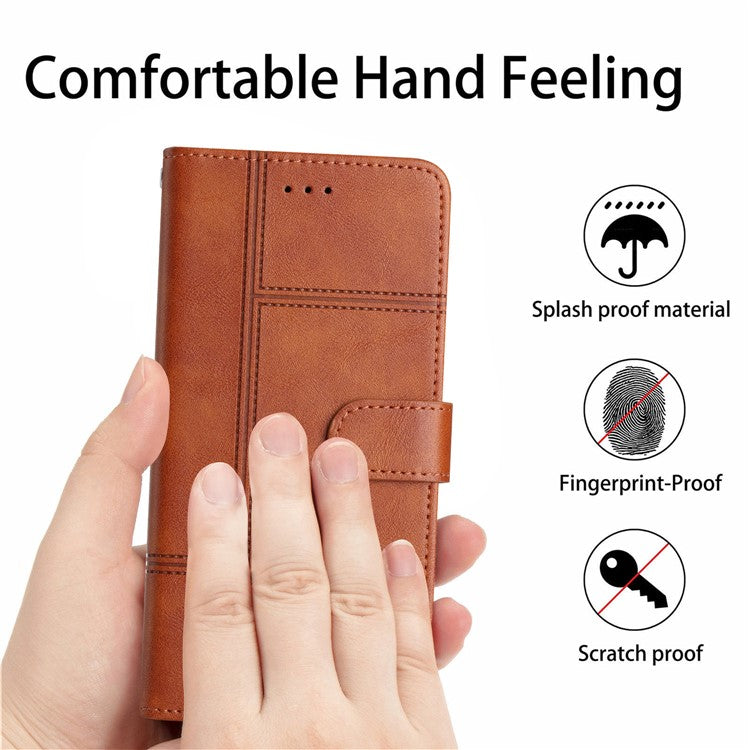 For iPhone 16 Case PU Leather Phone Cover Card Slots Wrist Strap Line Pattern - Brown