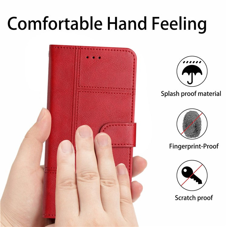 For iPhone 16 Case PU Leather Phone Cover Card Slots Wrist Strap Line Pattern - Red