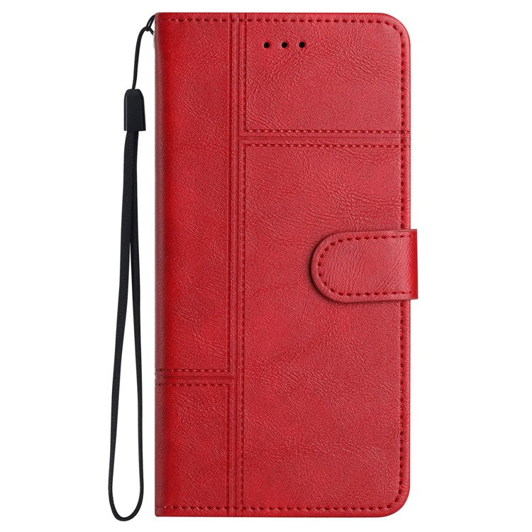 For iPhone 16 Case PU Leather Phone Cover Card Slots Wrist Strap Line Pattern - Red