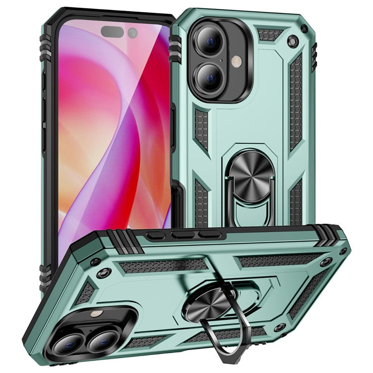 For iPhone 16 Case PC+TPU Phone Cover with Rotary Ring Kickstand - Blackish Green