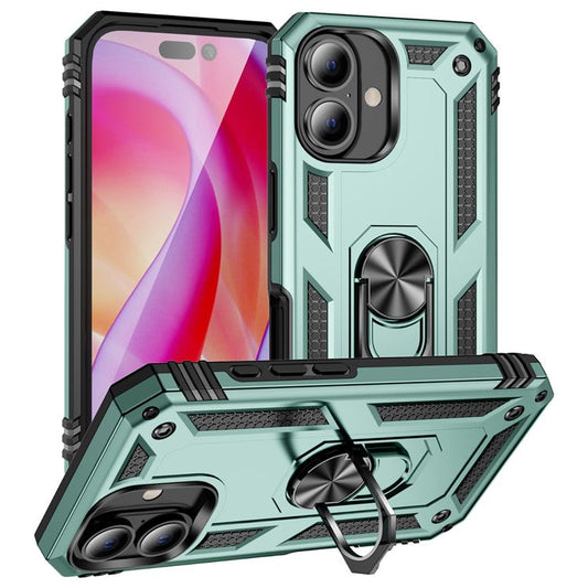 For iPhone 16 Case PC+TPU Phone Cover with Rotary Ring Kickstand - Blackish Green