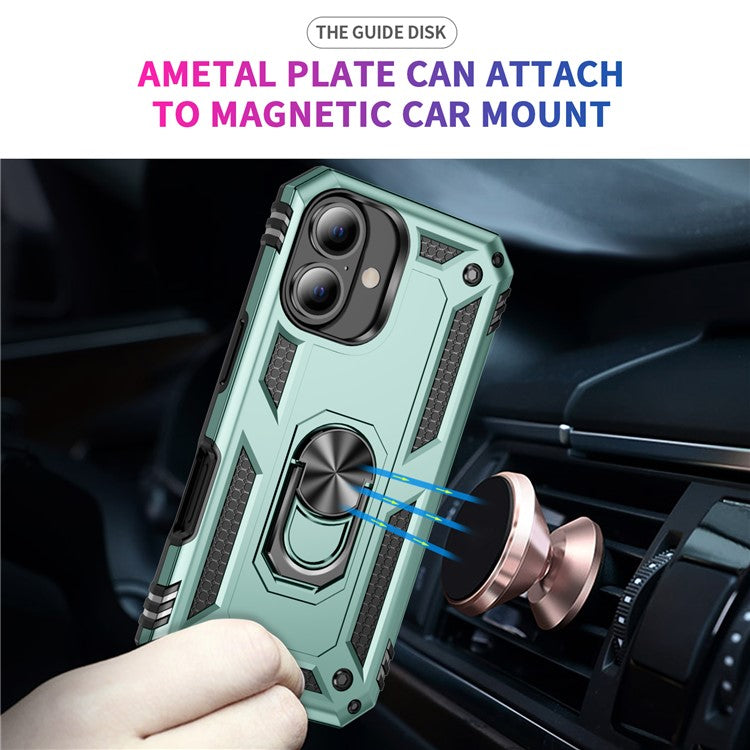 For iPhone 16 Case PC+TPU Phone Cover with Rotary Ring Kickstand - Blackish Green