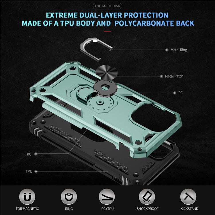 For iPhone 16 Case PC+TPU Phone Cover with Rotary Ring Kickstand - Blackish Green