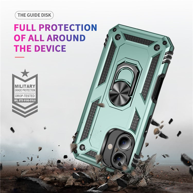For iPhone 16 Case PC+TPU Phone Cover with Rotary Ring Kickstand - Blackish Green
