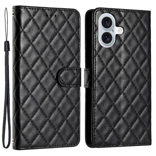 For iPhone 16 Plus Case Rhombus Pattern PU Leather Phone Cover with Card Holder - Black