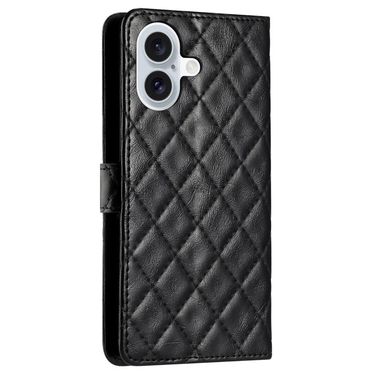 For iPhone 16 Plus Case Rhombus Pattern PU Leather Phone Cover with Card Holder - Black
