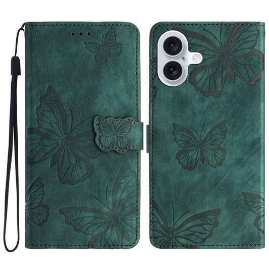 For iPhone 16 Plus Case Butterfly Flip Stand PU Leather Phone Cover - Green