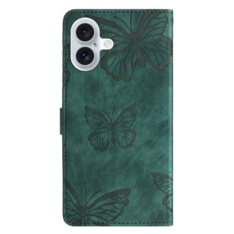 For iPhone 16 Plus Case Butterfly Flip Stand PU Leather Phone Cover - Green