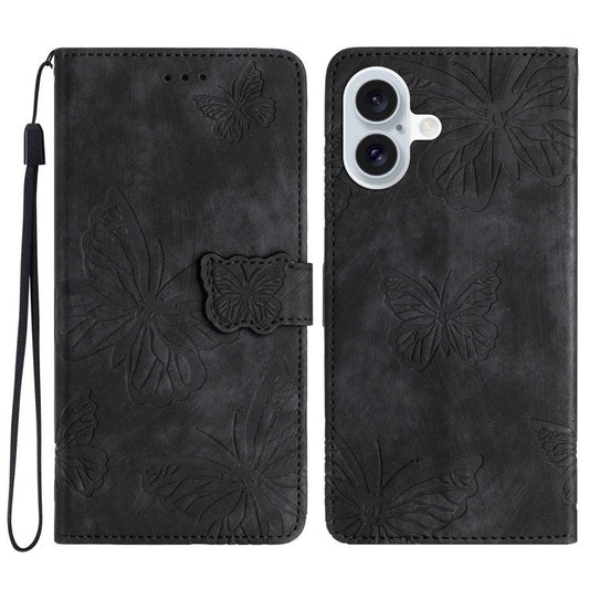 For iPhone 16 Plus Case Butterfly Flip Stand PU Leather Phone Cover - Black