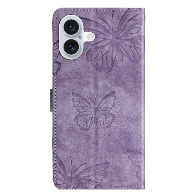 For iPhone 16 Plus Case Butterfly Flip Stand PU Leather Phone Cover - Purple