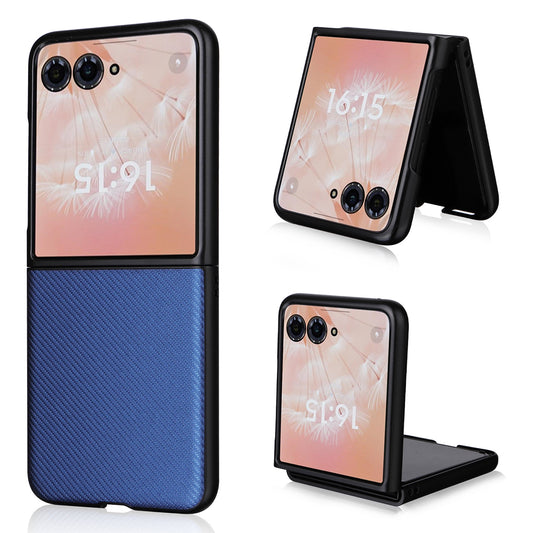 For Motorola Razr 50 Ultra 5G Case Carbon Fiber Texture PU Leather+PC Anti-shock Phone Cover - Blue