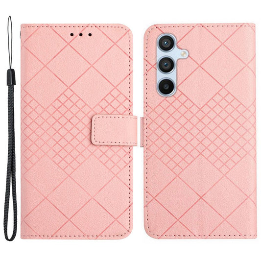 HT06 For Samsung Galaxy M35 5G Case Rhombus Litchi Texture Leather Phone Cover - Pink