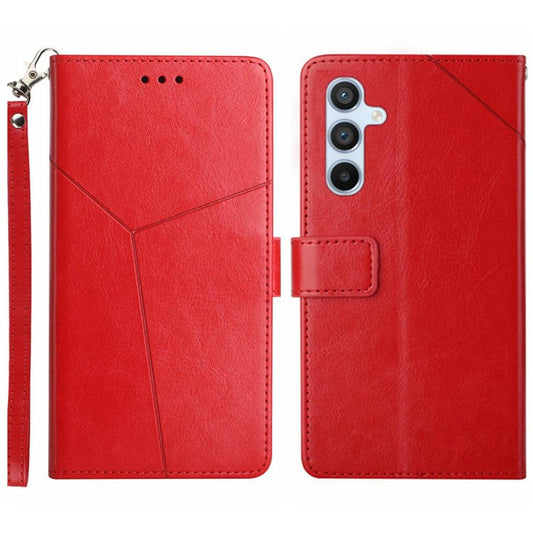 For Samsung Galaxy M35 5G Case with Wrist Strap Y Shaped Lines Imprint Leather Phone Cover - Red