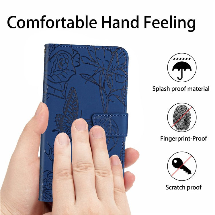 HT03 For Samsung Galaxy M35 5G Case PU Leather Butterfly Flowers Crossbody Phone Bag - Blue