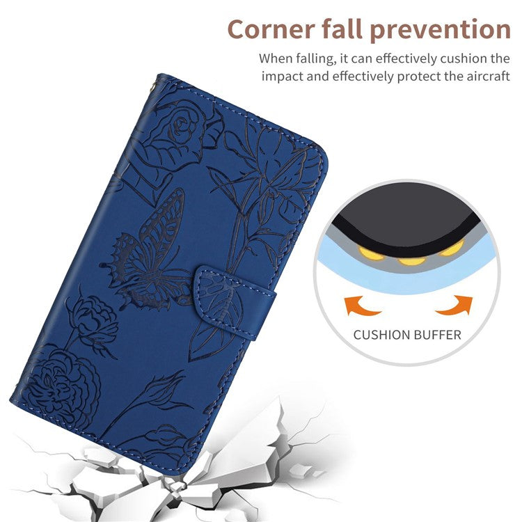HT03 For Samsung Galaxy M35 5G Case PU Leather Butterfly Flowers Crossbody Phone Bag - Blue