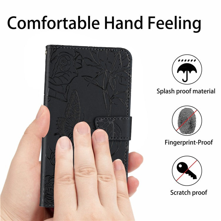 HT03 For Samsung Galaxy M35 5G Case PU Leather Butterfly Flowers Crossbody Phone Bag - Black