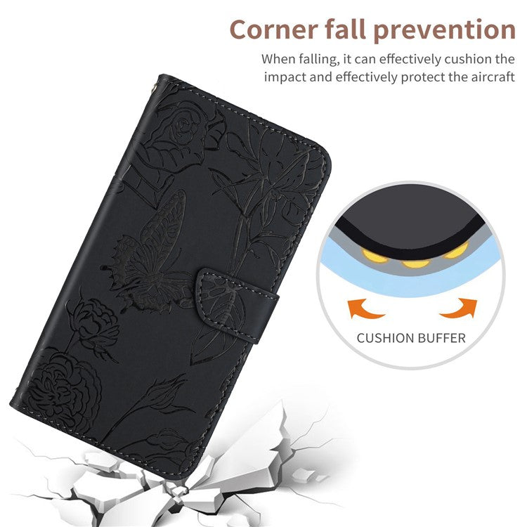 HT03 For Samsung Galaxy M35 5G Case PU Leather Butterfly Flowers Crossbody Phone Bag - Black