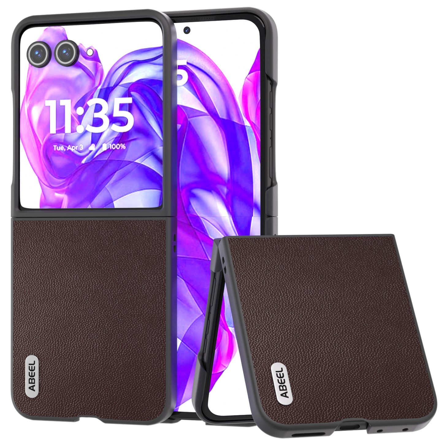 ABEEL For Motorola Razr 50 Ultra 5G Case Genuine Cow Leather PC Phone Cover Black Edge - Coffee