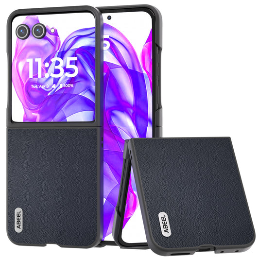 ABEEL For Motorola Razr 50 Ultra 5G Case Genuine Cow Leather PC Phone Cover Black Edge - Blue