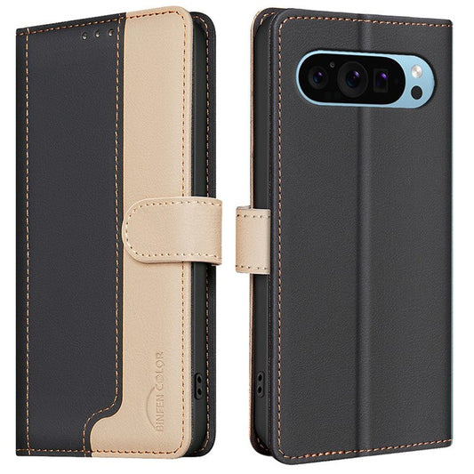 BINFEN COLOR BF33 For Google Pixel 9 Case Color Splicing Leather Cover with RFID Blocking - Black