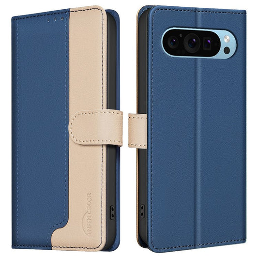 BINFEN COLOR BF33 For Google Pixel 9 Case Color Splicing Leather Cover with RFID Blocking - Blue