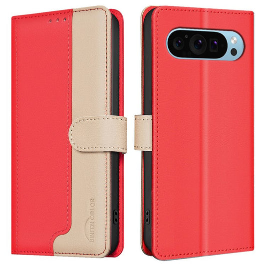 BINFEN COLOR BF33 For Google Pixel 9 Case Color Splicing Leather Cover with RFID Blocking - Red