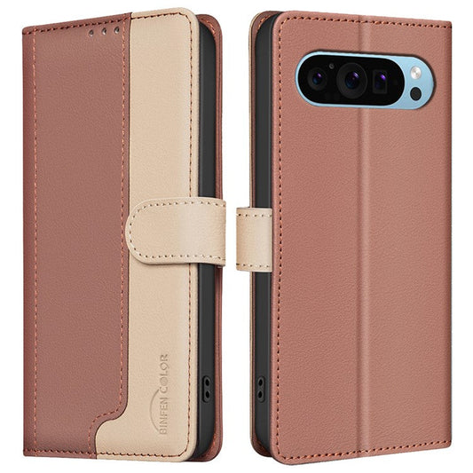 BINFEN COLOR BF33 For Google Pixel 9 Case Color Splicing Leather Cover with RFID Blocking - Brown