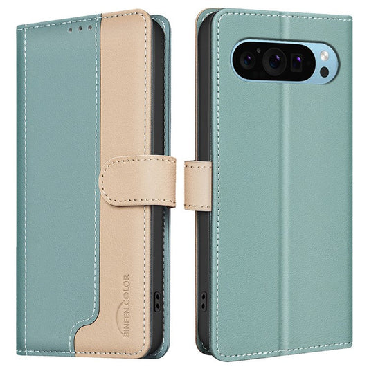 BINFEN COLOR BF33 For Google Pixel 9 Case Color Splicing Leather Cover with RFID Blocking - Green
