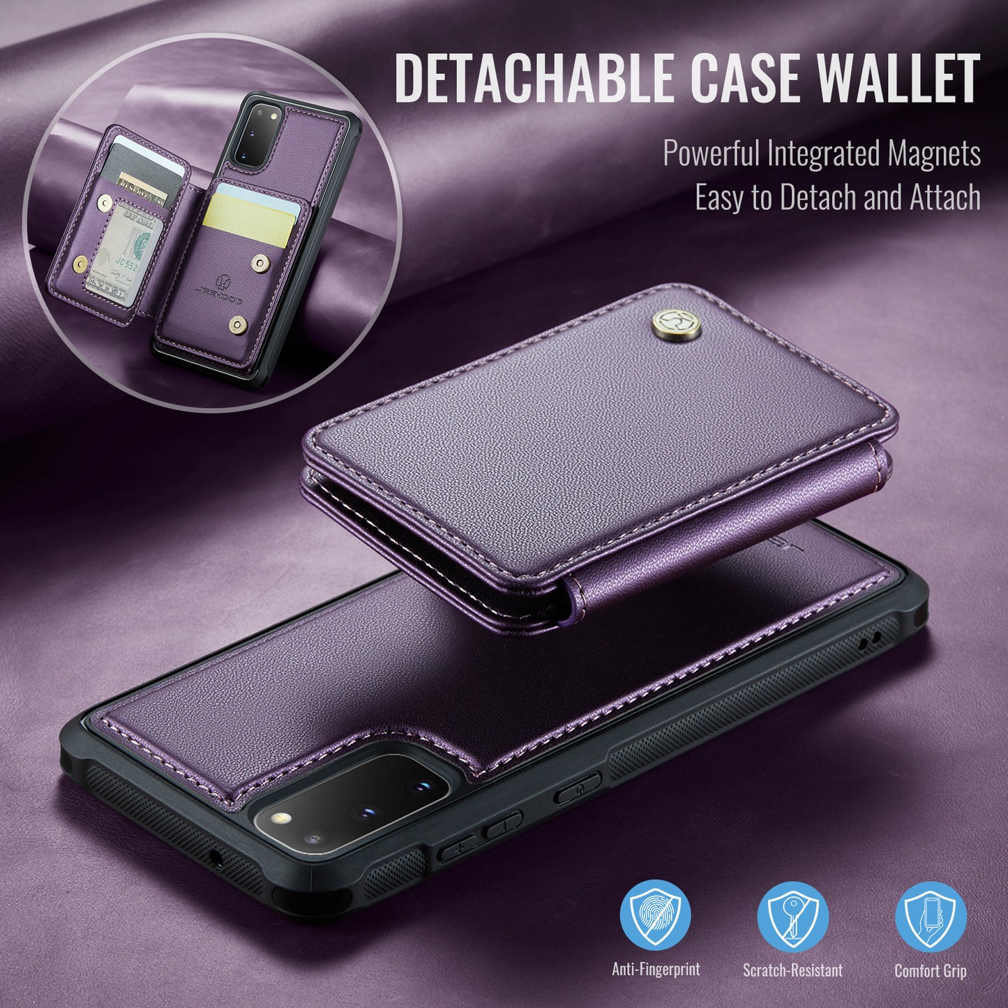 JEEHOOD J05 For Samsung Galaxy S20 4G / 5G Case Detachable Card Holder Phone Cover - Purple