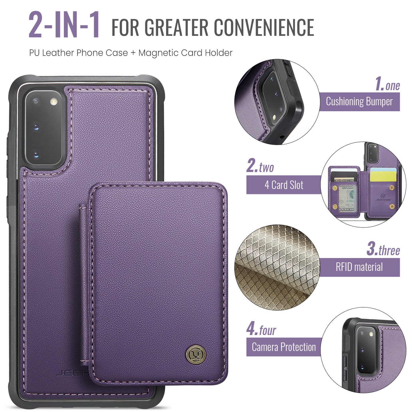 JEEHOOD J05 For Samsung Galaxy S20 4G / 5G Case Detachable Card Holder Phone Cover - Purple