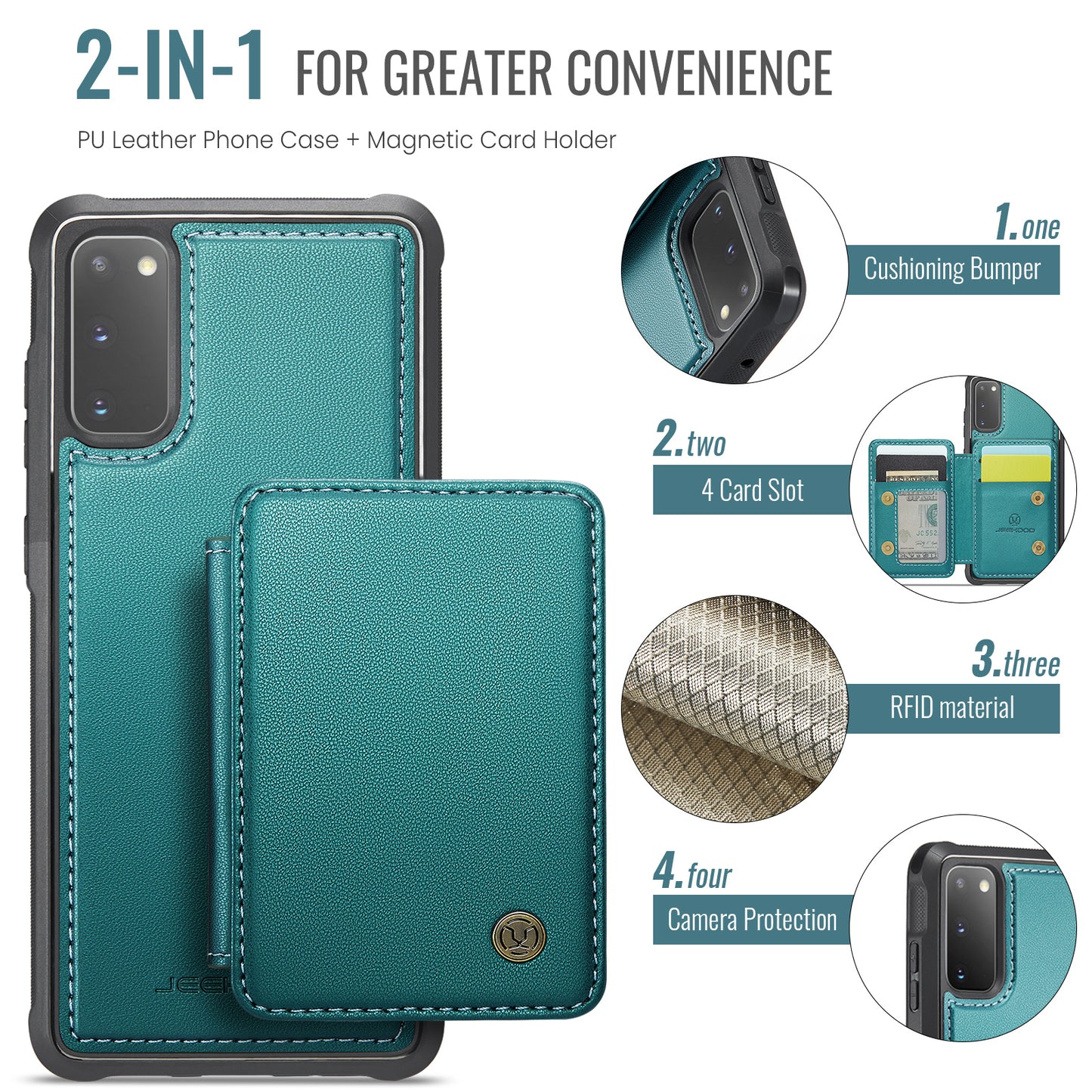 JEEHOOD J05 For Samsung Galaxy S20 4G / 5G Case Detachable Card Holder Phone Cover - Cyan