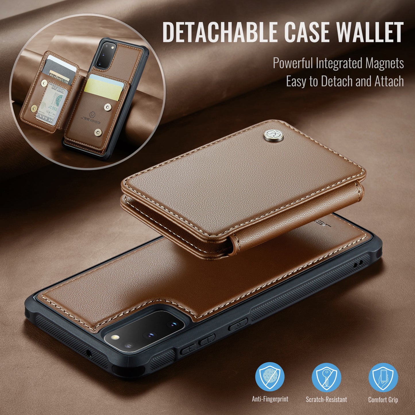 JEEHOOD J05 For Samsung Galaxy S20 4G / 5G Case Detachable Card Holder Phone Cover - Brown