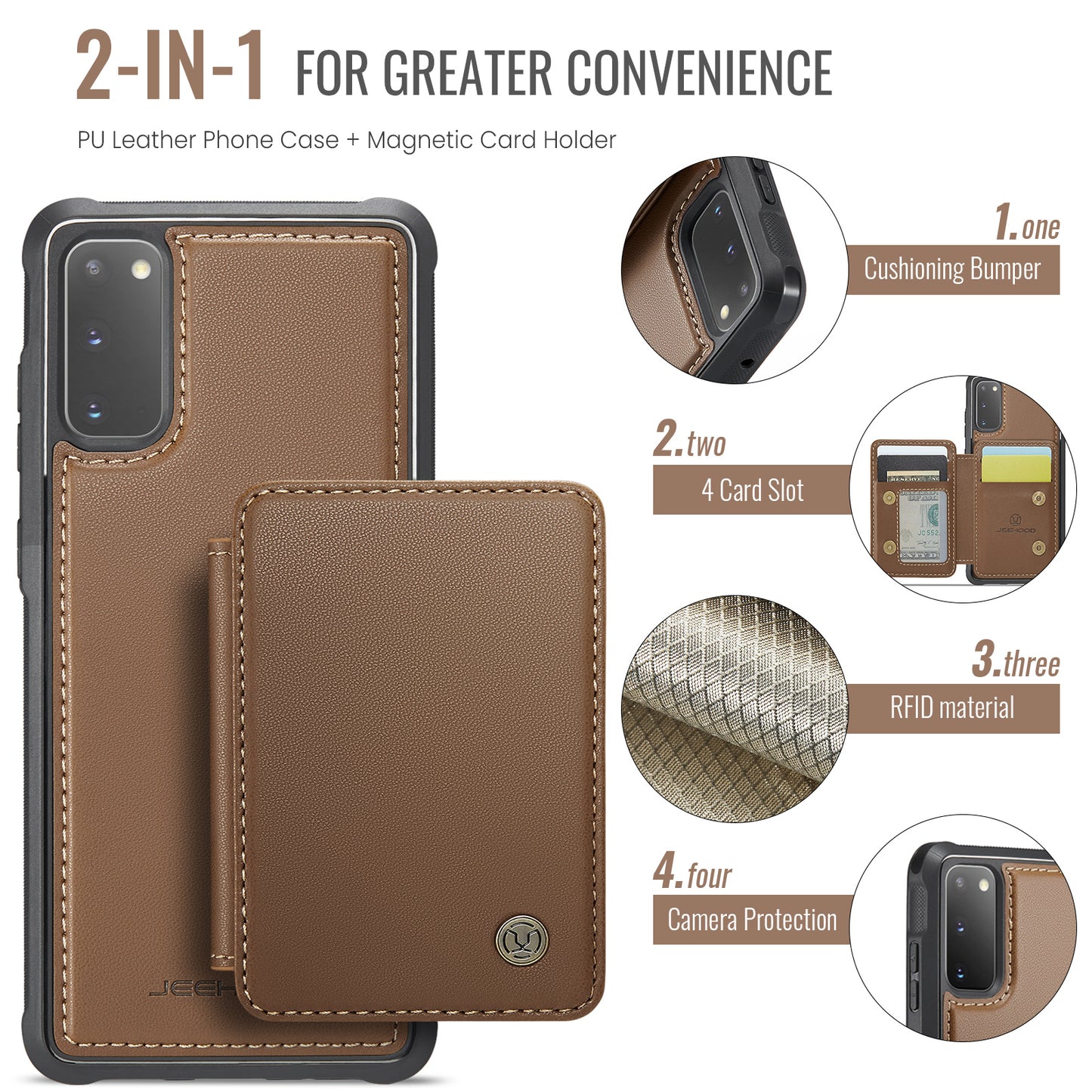 JEEHOOD J05 For Samsung Galaxy S20 4G / 5G Case Detachable Card Holder Phone Cover - Brown