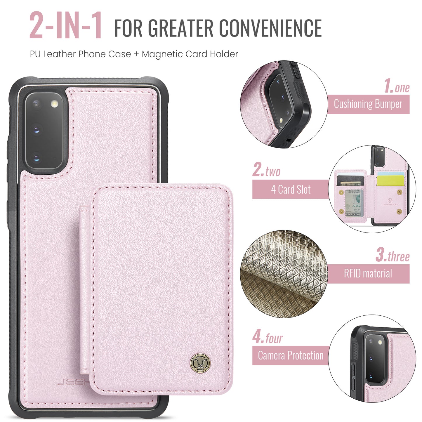 JEEHOOD J05 For Samsung Galaxy S20 4G / 5G Case Detachable Card Holder Phone Cover - Pink
