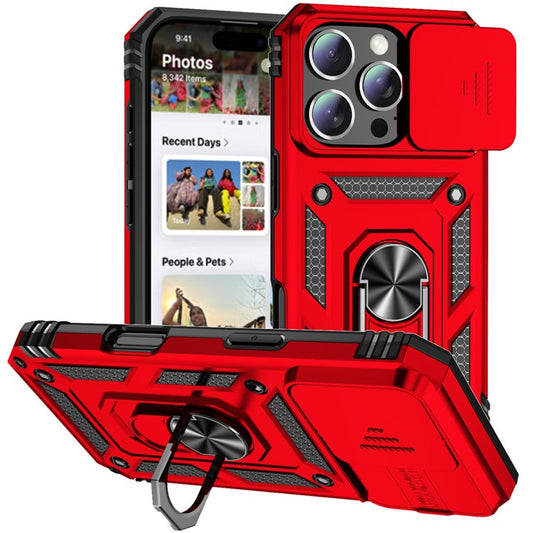 For iPhone 16 Pro Case Ring Kickstand PC+TPU Phone Cover with Camshield - Red